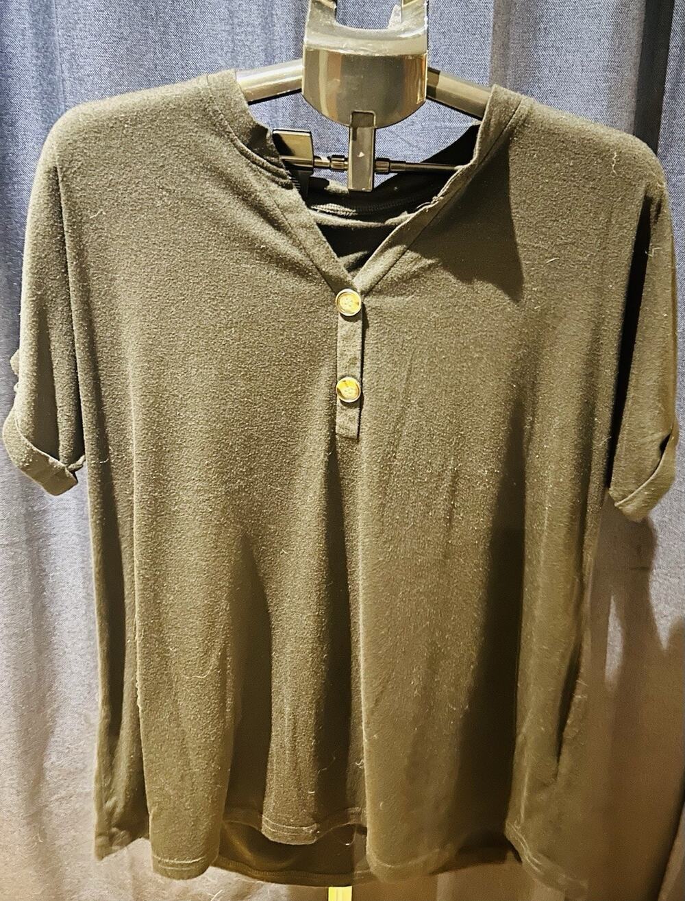 Karen Scott Women’s Black Henley T-Shirt | Size L | 100% Cotton Short Sleeve